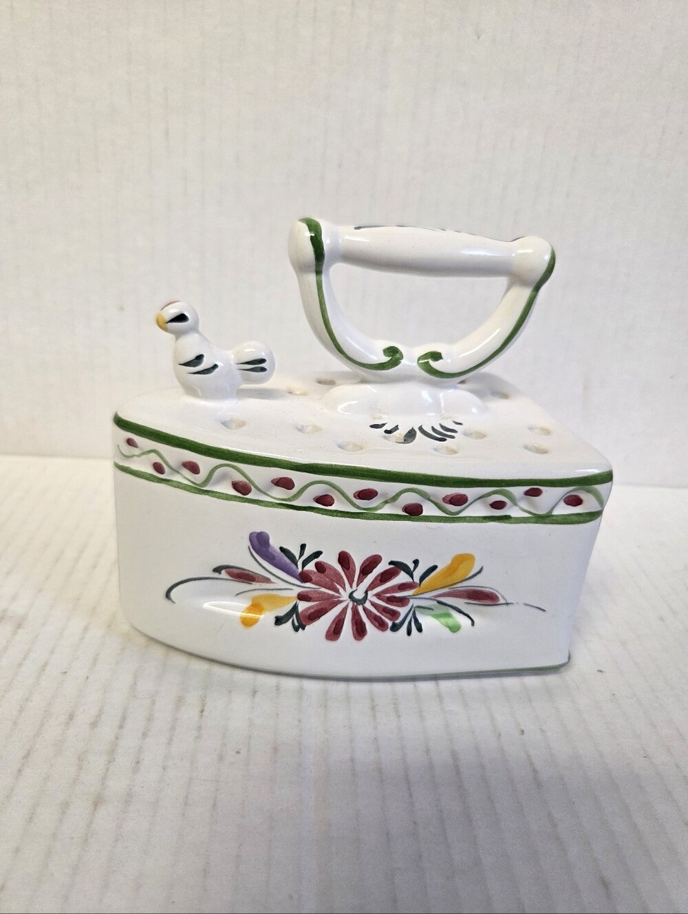 Vintage Hand-Painted Portugal Ceramic Flat Iron Potpourri Holder Flower Frog